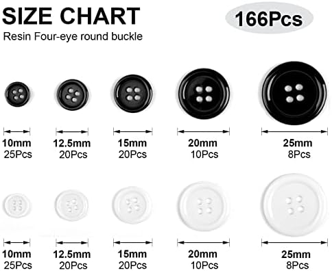 Round Sewing Buttons 166Pcs with Storage Box, Black White Mixed 4-Hole Craft Buttons, 5 Sizes Resin Button, Shirt Clothing Buttons, Suitable for Variety Clothing Sewing, Pillow Cases Sewing
