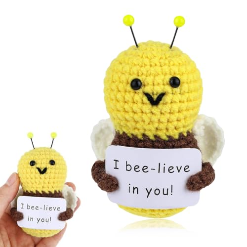 Image of Zibuyu Positive Bee Crochet Doll with Emotional Support Card Handmade Knitted Wool Plush for Cheer Up Gifts, Cute Room Decor, Party Decorations & Uplifting Friend Companion