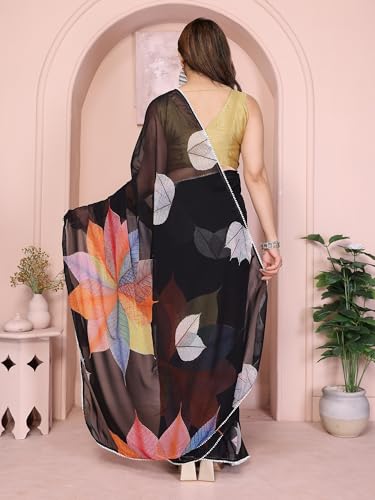 Image of ROOP SUNDARI SAREES Readymade Pleated Pre Drape Stitched Floral Printed Georgette Saree For Women's With Lace Border & Blouse(Ready To Wear One Minute)