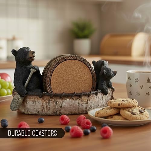 Black Bear Canoe Coaster Set with Holder - Pine Ridge 3 Rustic Black Bear Cabin Decor Absorbent Coaster Drink - Set of 5 Drink Coaster Set