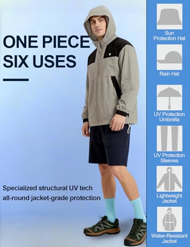Image of Venzina Men's Slim-Fit Breathable Sun Hoodie -UPF 50+ Ultra-Lightweight Wind-Resistant Jacket with Visor, Color-Block Design, Black Cuffs & Adjustable Hem for Cycling,Commute,Outdoor