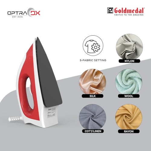 Image of Goldmedal Optra DX 1000W Dry Iron| Non-stick Weilburger Premium Coated Soleplate | iron for clothes | 5 Fabric Setting| Thermal Safety | Shock-Proof Body | Uniform Heating | Light Weight (Red- White)