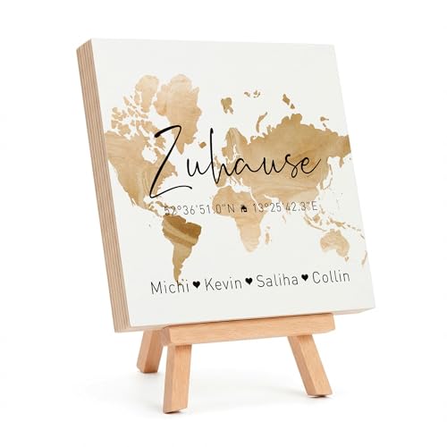 Yuweli Personalisiertes Holzbild „Zuhause“ mit Koordinaten und Namen – Birkenholz Bild 15 x 15 cm – Dekoration zum Aufstellen oder Aufhängen
