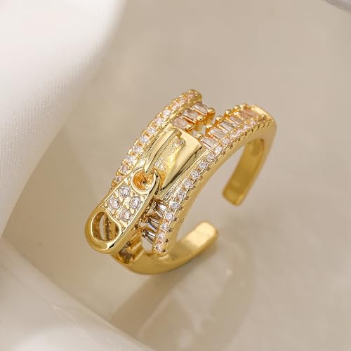 Gold Statement Ring For Women, Elegant Zipper Design Cubic Zirconia Moissanite 14k Golden Plated Non Tarnish Fashion Adjustable Promise Rings For Her Jewelry Gifts4