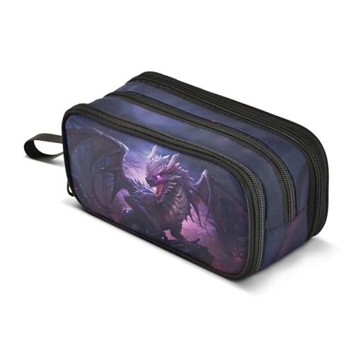 BOENLE Estojo de lápis roxo dragão para meninos e meninas grande com compartimentos com zíper, bolsa organizadora de canetas de papelaria de grande capacidade para crianças, adolescentes e adultos