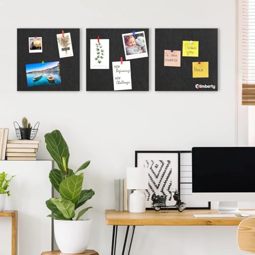 Image of Climberty 6Pcs Black Felt Bulletin Board, 30x30cm Self-Adhesive Wall Boards with 50pcs Drawing Pins, Felt Message Board for Paste Notes, Photos, Schedules (Black)