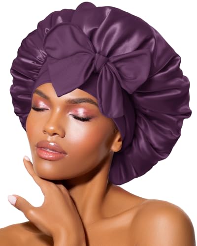 BONNET QUEEN Silk Bonnet for Sleeping Women Satin Bonnet Night Sleep Cap Wrap for Curly Hair with Adjustable Tie Band, Single Layer, Prune
