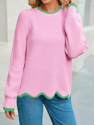 Saodimallsu Womens Contrast Color Pullover Sweaters Crewneck Knit Tops with Wave Hem Long Sleeve Sweater Fall 20252