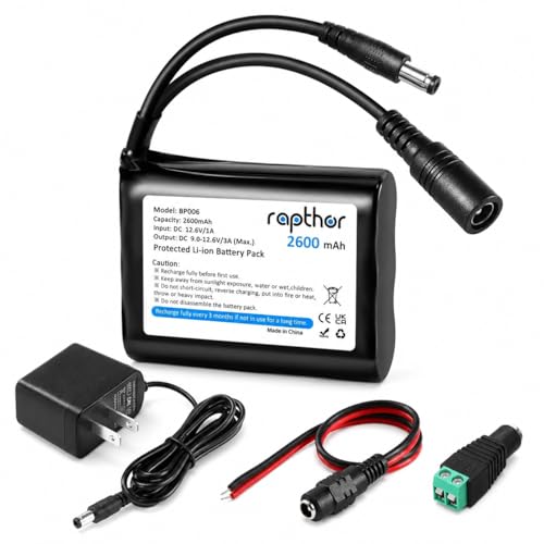 rapthor 12V 2600mAh Rechargeable Li-ion Battery Pack with 12.6V Charger 3A Max DC Output Portable Battery for LED Strip Lights CCTV/IP Cameras Routers Modems DIY Projects