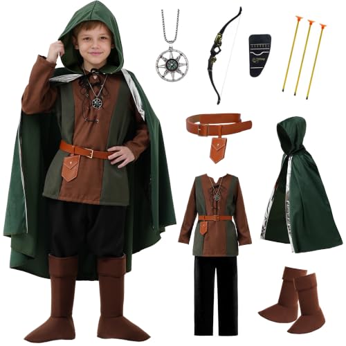 Image of Akokvlar 8 Pcs Medieval Archer Costume for Boys Renaissance Kids Hunter Costume with Cape