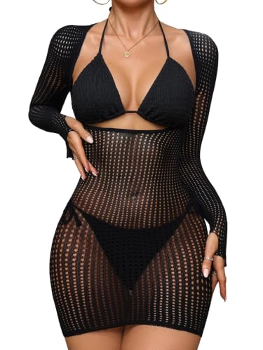 Image of Lilosy Sexy Crochet Sheer Long Sleeve Cover Up Swim Bathing Suit Beach Dress One Piece