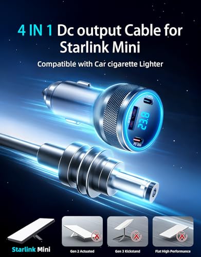 Image of Starlink Mini Cable, 4-in-1 Starlink Mini Car Charger DC Power Cable + 12V-24V Cigarette Lighter Adapter with Digital Display, USB-C PD 45W and Dual USB-A 35W Ports for Cars, Suitable for Cars (10FT)