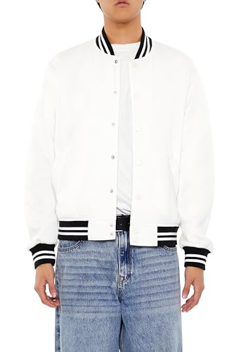 Forever 21 Men's Varsity-Striped Bomber Jacket, Cream