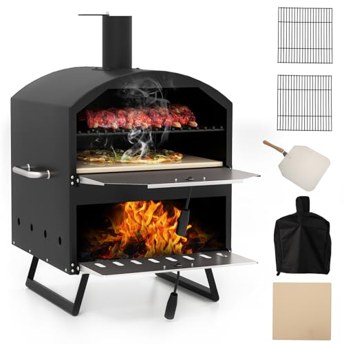 GOPLUS Horno de Pizza 16 Pulgadas Exterior, Horno de Pizza de Leña de 2 Capas con Piedra, Pala y Rejillas para Parrilla, Portátil con Patas Plegables y Cubierta, para Camping, BBQ, 61 x 53 x 83 cm