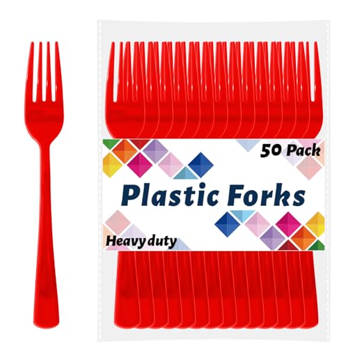 CXPSINC Red Plastic Forks Disposable 50 Count - 7.28 Inch Heavy Duty Disposable Cutlery Utensils Solid for Party Picnic Catering Daily Use & More (Red)