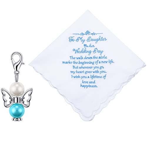 Tegeme 2 Pcs Brides Wedding Handkerchief Something for Daughter Blue Color Gift for Bride Handkerchief and Angel Keychains(Elegant Style)