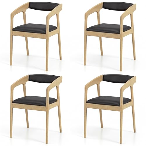 Image of COSTWAY Dining Chairs with Arms Set of 4, Mid Century Modern Wooden Accent Chairs with Faux Leather Seat & Padded Backrest, Kitchen Side Armchairs for Living Dining Reading Room, Natural & Black