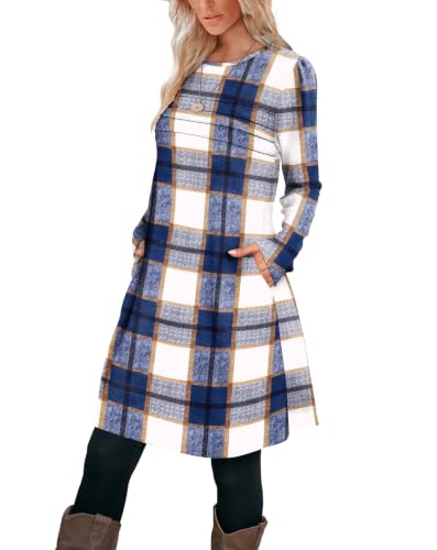 Image of OFEEFAN Womens Long Sleeve Tunic Dress Fall Fashion Sweater Dress with Pockets Pleated Front Casual Winter