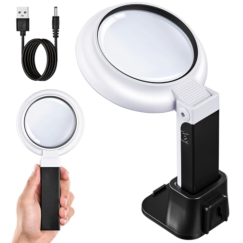 JARLINK Magnifying Glass with Light and Stand, 3-Mode Illuminated Magnifying Glass for Seniors Reading & Close Work, Handheld-Foldable Design with USB-Battery Power for Jewelry, Coins, Crafts