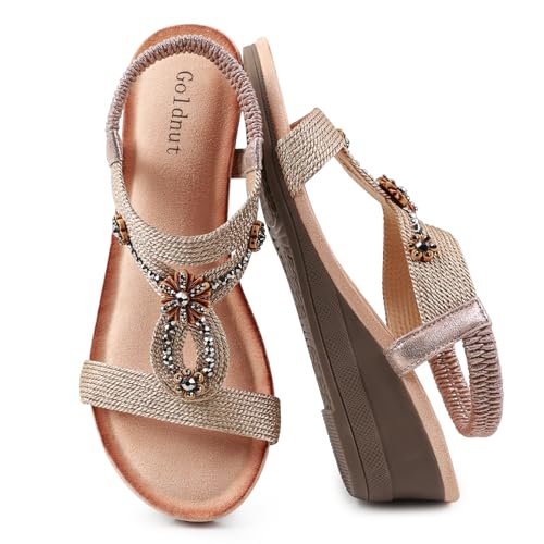 Image of Wedge Sandals for Women Dressy, Woman's Sandal Comfortable Low Wedges Heels Ankle Elastic Strap Sandles with Flower Rhinestones