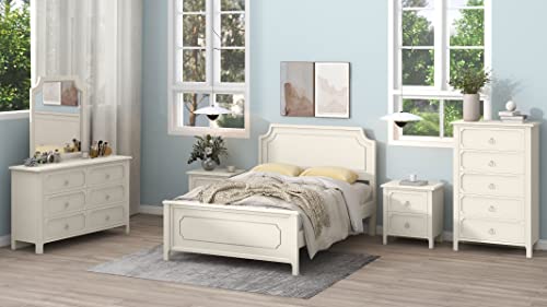 Merax Milky White 6 Pieces Solid Wood Bedroom Furniture Size Platform Bed, 2 Nightstands, 6-Drawer Dresser,Chest, Mirror, Full Set-5 Pcs #TOP26