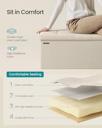 Image of SONGMICS MAZIE Collection - 30 Inches Folding Storage Ottoman Bench, Ottoman Foot Rest, End of Bed Bench, Storage Chest, Load 660 lb, for Living Room, Bedroom, Entryway, Cream White ULSF47BE