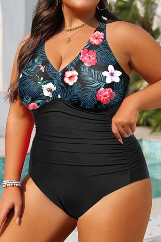 Aqua Eve Women Plus Size One Piece Swimsuits V Neck Tummy Control Bathing Suits Retro Ruched Swimwear3