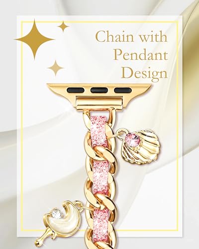 Image of Slim Gold Metal Band Compatible with Apple Watch Bands for Women 38mm 40mm 41mm 42mm 44mm 45mm 46mm, Dressy Designer Charm Bracelet Thin iWatch Bands for SE 3 2 1 Series 11 10 9 8 7 6 5 4 3 2
