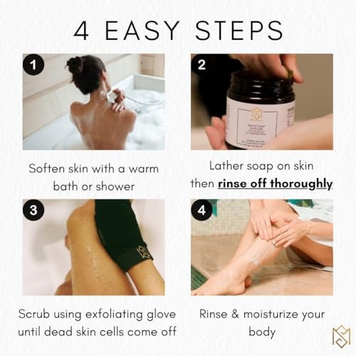 MS Moroccan Black Soap and Exfoliating Glove Kit for Body Scrub - For Dead Skin Scrubbing And Deep Pore Cleansing - incl. 1 Moroccan Black Soap (Olive Based), 1 Exfoliating Glove (Kessa mitt) and 1 Toiletry Bag - by MoroccanSource