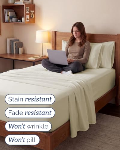 Image of Extra Deep Twin XL Sheet Set - 4 Piece Breathable & Cooling - Off White | Hotel Luxury Bed Sheets Set, Easy & Secure Fit, Ultra-Soft, Wrinkle & Fade Free, Comfy Sheets Set with Extra Deep Pockets