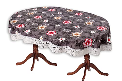 Image of The Furnishing Tree Waterproof PVC Oval Shaped 12 Seater Table Cover WxL 60x140 inches Floral Pattern Multi Grey with White Border lace