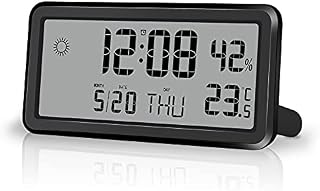 U-picks Slim Alarm Clock 5.6" LCD Display ,Digital Wall Clock Desk Clocks Battery Operated with weather ,day of week, Snooze, Temperature Humidity, 12/24Hr, Small clock for Bedroom Travel Black