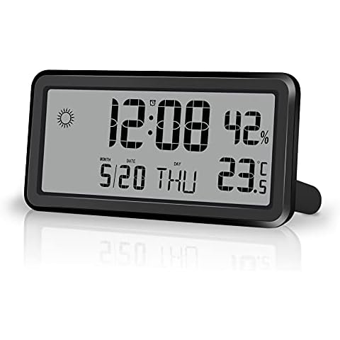 U-picks Slim Alarm Clock 5.6" LCD Display ,Digital Wall Clock Desk Clocks Battery Operated with weather ,day of week, Snooze, Temperature Humidity, 12/24Hr, Small clock for Bedroom Travel Black Cover