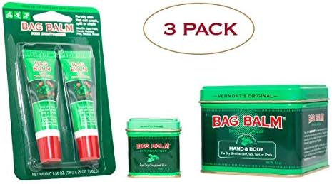 Vermont's Original Bag Balm 3 Pack Bundle for Dry, Cracked Skin, Hands, Lips, 8 Ounce Tin, 1 Ounce Tin, 2 Pack Lip Balm On-The-Go Tubes