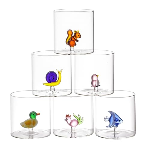Baroni Home Set 6 pz Bicchieri in Vetro Borosilicato da 32 CL, Bicchieri Trasparenti Colori Assortiti, Lavabili in Lavastoviglie, 8x8x8,5 cm, Animaletti