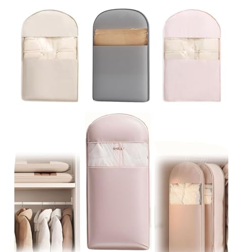 Pink Space Saving Hanging Garment Bag with Self Compression Zipper(M+L+XL,3pcs), 2025 Waterproof Dust Cover Clothes Bags for Down Coat,Space Saver Closet Organizers