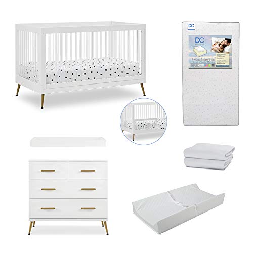 Delta Children Sloane Crib 7-Piece Baby Nursery Furniture Set–Includes: Convertible Crib, Dresser, Changing Top, Crib Mattress, Fitted Sheets, Toddler Guardrail & Changing Pad, White w/Melted Bronze