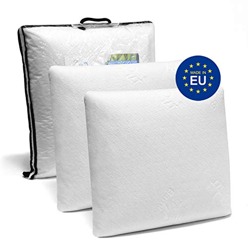 ZenPur Memory Foam Pillows Set of 2 Ergonomic Shaped Pillows Bamboo Fibre Cover u0096 Orthopaedic Anti-Dust Mite Cushions u0096 Made in Europe u0096 Oeko TEX Certification, Bamboo, white, 45x45cm