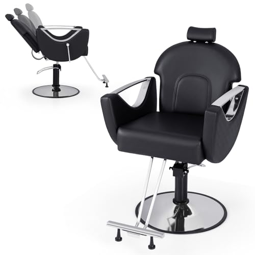 Giantex Reclining Barber Chair - Salon Chair for Hair Stylist, 360 Degrees Swivel, Adjustable Height & Headrest, Heavy Duty Hydraulic Pump, Hair Styling Chair for Makeup Facial Waxing Tattoo (Black)