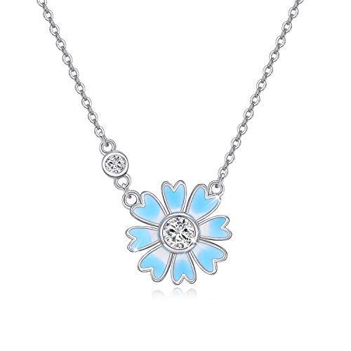 CUOKA MIRACLE Small Daisy Flower Necklace 925Â Sterling Silver Flower Pendant Necklace for Party Daisy Flower Charm Pendant Birthday Mother's Day for Women Mother Wife (Blue)