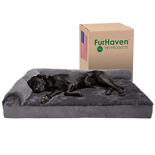 Image of Furhaven Cooling Gel Dog Bed for Large Dogs w / Removable Bolsters & Washable Cover, For Dogs Up to 125 lbs - Plush & Velvet L Shaped Chaise - Platinum Gray, Jumbo Plus /XXL