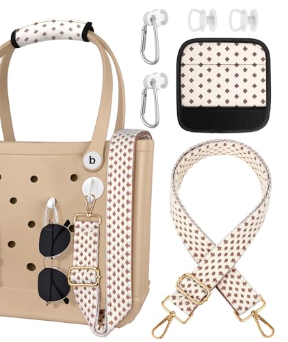 Image of Bag Strap Charms Crossbody for Bogg Bag Accessories - Shoulder Strap Neoprene Luggage Handle Wrap for Suitcase & 2 Key Holders Coffee Geometry Pattern