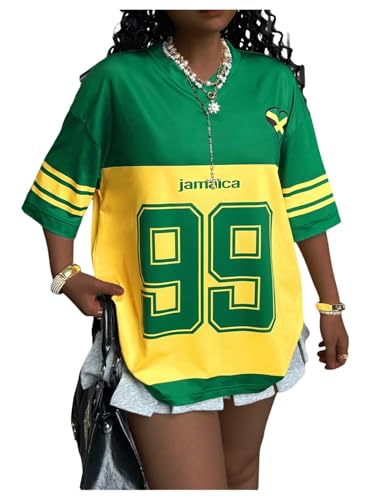 SOLY HUX Womens Y2k Jamaica Jersey Shirt Number Graphic Tees V Neck Half Sleeve Oversized Summer Tops Streetwear Green Letter Medium