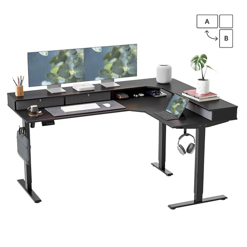Image of FEZIBO L-Shaped Electric Standing Desk, 63 x 48 Inches Height Adjustable, Reversible Tabletop, Corner Desk with Drawers, Ergonomic Computer Table, Black Top