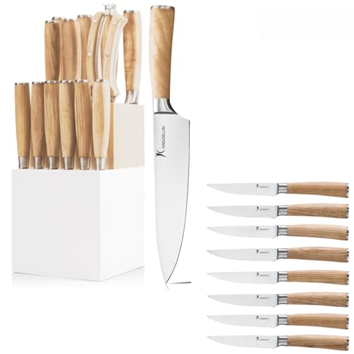 Kangdelun Natura Series 14 PCS White Block Knife Set, and 8 Steak Knives with Gift Box, U…