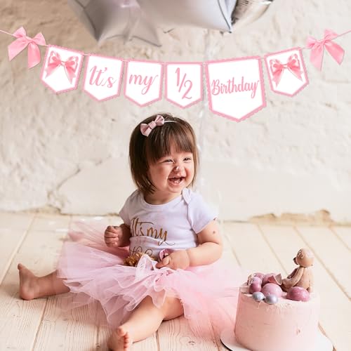 Image of Half Birthday Decoration It's My 1 /2 Birthday Banner with Pink Ribbon Bow Six Months Girl Party Decoration for Girls Kids Little Princess Baby Shower Party Supplies Sweet Photo Props