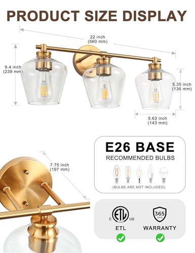 Image of DORESshop 3-Light Gold Bathroom Light Fixtures with Clear Wine Glass Covers, Brushed Brass Bathroom Lighting Fixtures Over Mirrors, Modern Vanity Lights for Bathrooms Bedroom Living Room Hallway, ETL