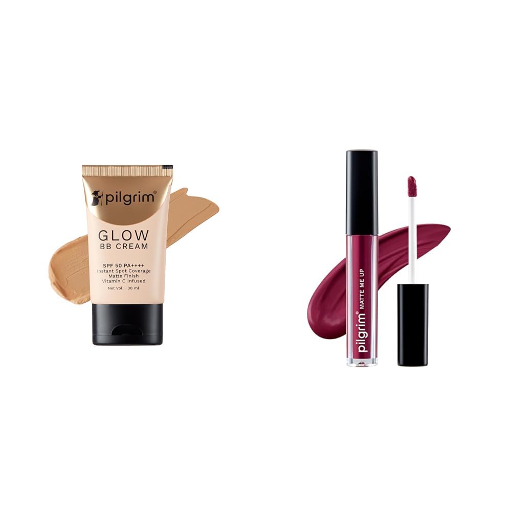 Pilgrim Honey Glow 3-In-1 Natural Bb Cream Medium Coverage For All Skin Types Spf 50 Pa++++ With Niacinamide, Hyaluronic Acid & Vit C - 30G, Pack Of 1 & Liquid Matte Lipstick - Wine Spill-image-47