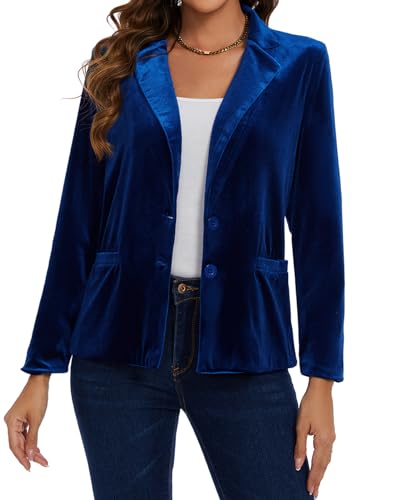 MINTLIMIT Women's Velvet Blazer Notched Lapel Button Front Suit Jacket Loose Fitting Tailored Jacket Coat with Pockets,M,Royal Blue4