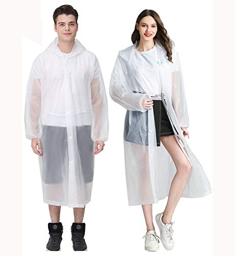 HLKZONE Raincoat, [Pack of 2] Portable EVA Raincoats Reusable Rain Coats with Hood and Elastic Cuff Sleeves, Size 59